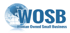 Logo for Woman Owned Small Business with a globe design.