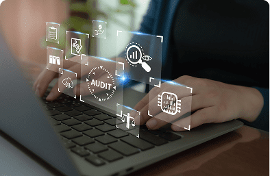 Person typing with audit icons overlay