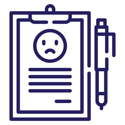 Blue outline clipboard and pen with frown