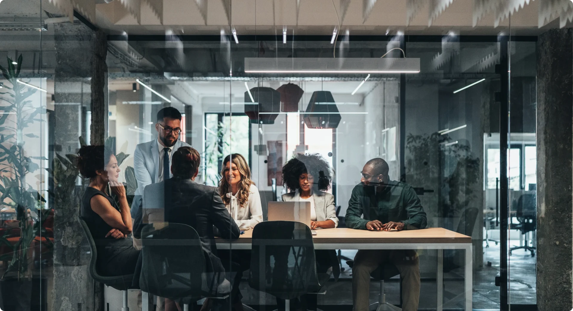 Business professionals collaborating around a table